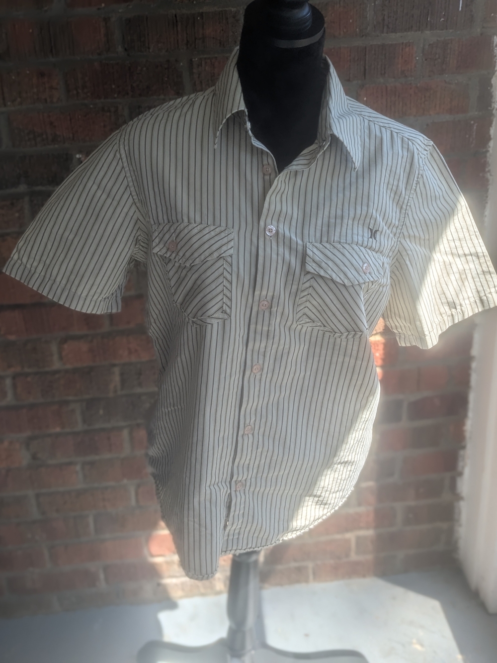 Hurley Cream Short-Sleeve Button-Down with Black Pinstripes